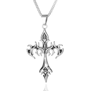 Gothic vintage silver snake and sword cross pendant necklace for men with O-link chain