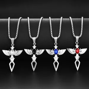 Collier Pendentif Épée Croix Aile Gothique en Acier Titane avec Gemme Ovale Incrustée Bijoux Hip Hop Punk Street pour Hommes Femmes Cadeau