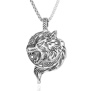 Vintage stainless steel wolf head and crescent moon pendant necklace for men with box chain