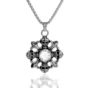 Gothic retro skull pendant necklace with sparkling crystal and oxidized silver finish