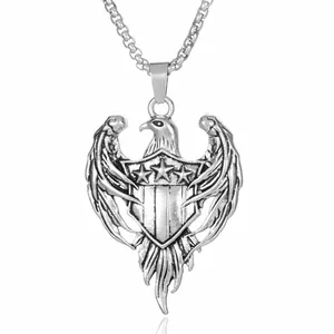 Vintage stainless steel eagle pendant necklace with star shield design for men