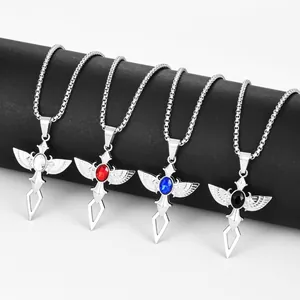 Colliers hip-hop en acier avec pendentif ailes, croix et pierres précieuses colorées