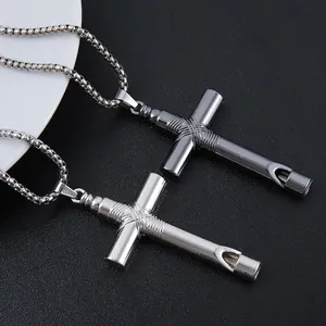 Cross whistle pendant necklace in silver and black stainless steel with box chain