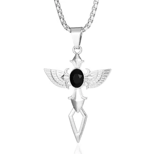 Collier hip hop avec épée à ailes, pierre précieuse noire et chaîne carrée en acier inox