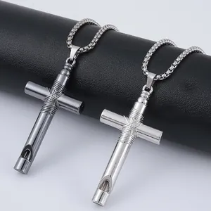 Whistle cross pendant necklace in silver and black titanium steel for men and women