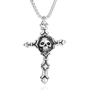 Collier gothique en acier inoxydable avec pendentif crâne et croix en argent rétro