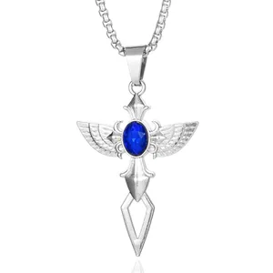 Collier hip hop ailes épée croix avec pendentif pierre bleue ovale et chaîne en acier