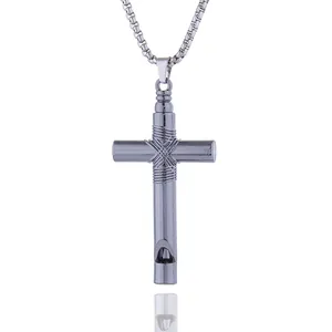 Whistle cross pendant necklace in gun black metal with square pearl chain