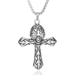 Collier punk gothique avec pendentif tête de mort et croix en acier inoxydable vintage