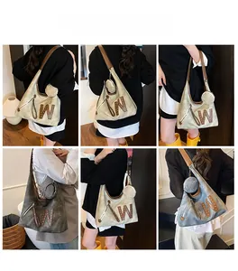 Collage of model wearing a large tote bag with rivet W patch and brown straps