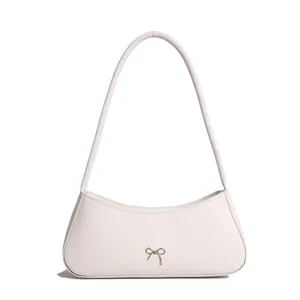 French style white bow shoulder bag in smooth PU leather for casual wear