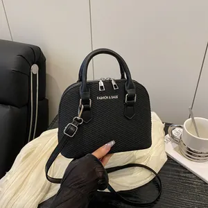 Women's Fashion PU Leather Woven Texture Shell Handbag Versatile Shoulder Crossbody Bag With Adjustable Strap Metal Letters