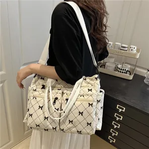 Large Capacity Corduroy Tote Bag For Women Sweet Bowknot Pattern Diamond Lattice Multi Pocket Shoulder Crossbody Bag For Daily Commuting