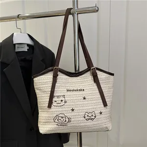 Sac Fourre-tout Décontracté en Paille Tissée pour Femmes Grande Capacité Mode Broderie Chat de Dessin Animé Sac à Épaule pour Vacances Voyage Quotidien