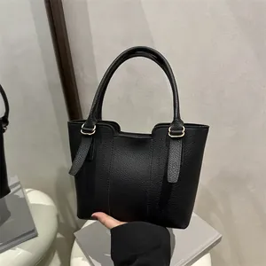 Fashion Women Litchi Pattern PU Leather Bucket Bag Retro Urban Simple Handbag Versatile Crossbody Bag Gold Hardware Shoulder Bag