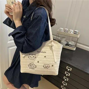 Sac fourre-tout tissé d'été avec broderie de chat et bandoulière en cuir blanc crème