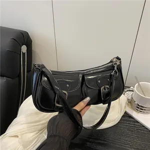 Sac Sous le Bras en Cuir PU Brillant Rétro pour Femmes Doubles Poches Avant Boucle en Métal Style Vintage Y2K Petit Sac à Bandoulière