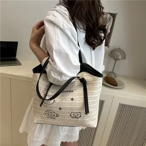 Sac cabas tissé à la mode avec imprimé chat de dessin animé et bandoulières noires
