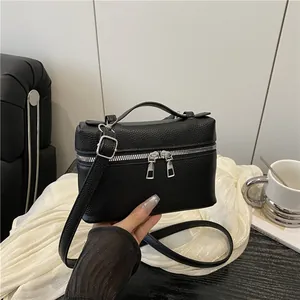 Women Pebbled PU Leather Box Bag Mini Crossbody Shoulder Bag With Top Handle Double Zipper Versatile Fashion Purse