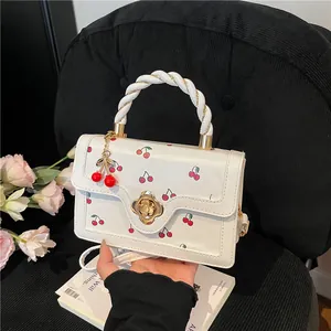 Women's Cherry Print PU Leather Crossbody Bag With Braided Handle Gold Flower Lock Sweet Fashion Small Square Handbag