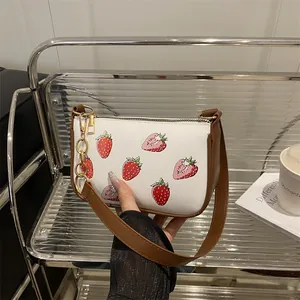 Fashion Strawberry Print Women Underarm Bag PU Leather Small Shoulder Bag With Gold Chain Decoration For Daily Commuting