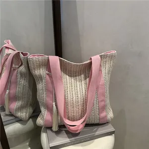 Summer Casual Straw Woven Tote Bag For Women Large Capacity Beach Shoulder Bag With Tassel Hand-Woven Vacation Handbags