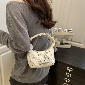 French style shoulder bag with blue plaid patterns and elegant bow heart charms