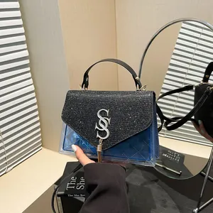 Sac Bandoulière Femme en PVC Transparent à Paillettes Avec Logo Lettre Gland en Métal Petit Sac à Main Carré