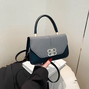 Women Retro PU Leather Tweed Patchwork Small Square Bag Golden Interlocking Buckle Contrast Color Shoulder Crossbody Handbag