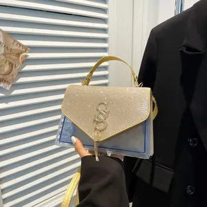 Modische blaue transparente PVC-Umhängetasche mit goldener Paillettenklappe und SS-Logo