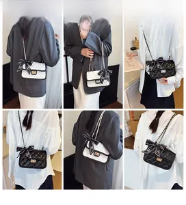 Multiple views of quilted flap bag with chain strap and bow detailing on a model