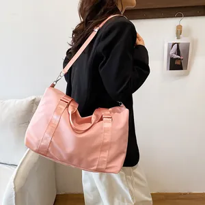 Pink large capacity nylon travel duffel bag with detachable shoulder strap for gym and travel