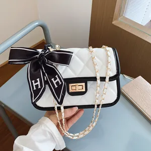 Quilted Rhombus Square Crossbody Bag For Women Luxury Gold Chain Shoulder Bag With Scarf Decor Elegant Evening Purse