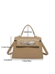Detailed size chart of khaki croc-embossed handbag showing 19x13x8 cm dimensions