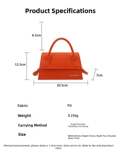 Detailed size chart for orange PU mini shoulder bag with measurements and strap length