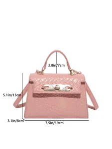Detailed size chart for pink woven texture handbag with crossbody strap measurements