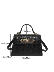 Detailed size chart of a black woven crossbody bag with dimensions in cm and inches