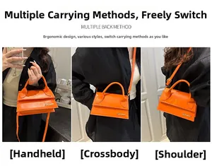 Three-way carry demonstration of orange trapezoid crossbody bag with top handle
