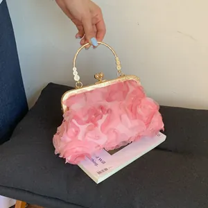 Women's 3D Floral Evening Clutch Bag Vintage Shell Shape Kiss Lock Handbag With Metal Handle Gold Chain For Wedding Party