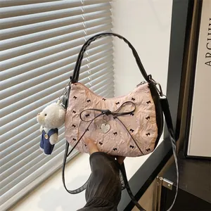 Women's Sweet Bowtie Bubble Texture Shoulder Bag With Heart Pendant Teddy Bear Plush Accessory Versatile Pleated Handbag Tote