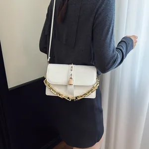 Retro white square crossbody bag for women with gold chain and metal buckle detail