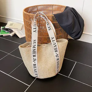 Borsa Tote in Paglia Intrecciata a Mano da Donna Grande Capacità Borsa a Tracolla per Vacanze al Mare Con Cinghie in Tela Lettere e Fondo in PU