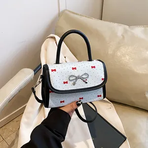 Women Fashion PU Leather Small Square Bag With Bowknot Decor Polka Dot Heart Pattern Shoulder Crossbody Bag For Daily Party