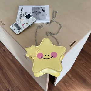 Fashion Star Shaped PU Leather Mini Crossbody Bag With Smiley Face Silver Metal Chain Strap Cute Shoulder Bag For Women Girls