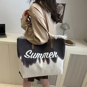 Grand sac cabas en toile tie-dye avec lettrage Summer et bandoulières en cuir marron