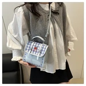 Close-up of light blue crossbody bag featuring a blue plaid flap and red apple detail