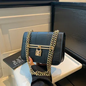 Women Croco Embossed PU Leather Underarm Bag Fashion Heart Padlock Shoulder Bag Gold Chain Crossbody Square Bag For Daily Party
