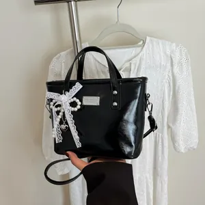 Women Shiny Patent Leather Tote Bag With Lace Bow Artificial Pearl Charm Small Top Handle Handbag Adjustable Strap Crossbody Bag