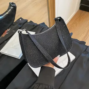 Women Luxury Rhinestone Underarm Bag Shiny Sequin Shoulder Bag Solid Color Glitter Hobo Handbag For Party Wedding Daily