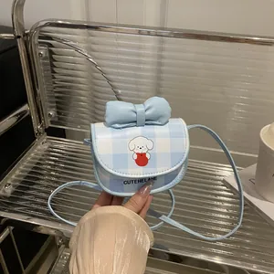 Mini Sac Bandoulière Femme Nœud Doux Imprimé Chien Dessin Animé Cuir PU Vichy Petit Sac Carré Pour Filles
